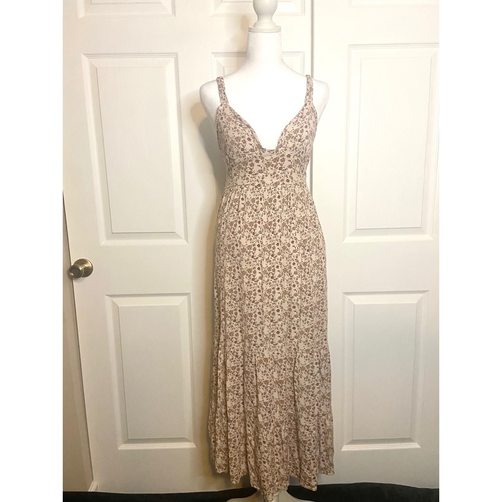 Mod On Trend Floral Maxi Dress Brown Cream Open Tie Back Tiered Boho Womens M